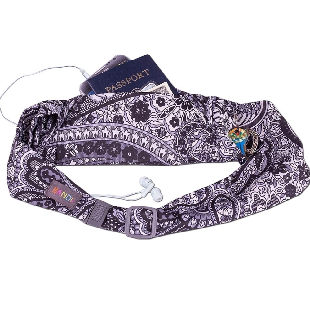 Bandi Women's Pocket Passport Belt Bandana Paisley Gray Black and White L